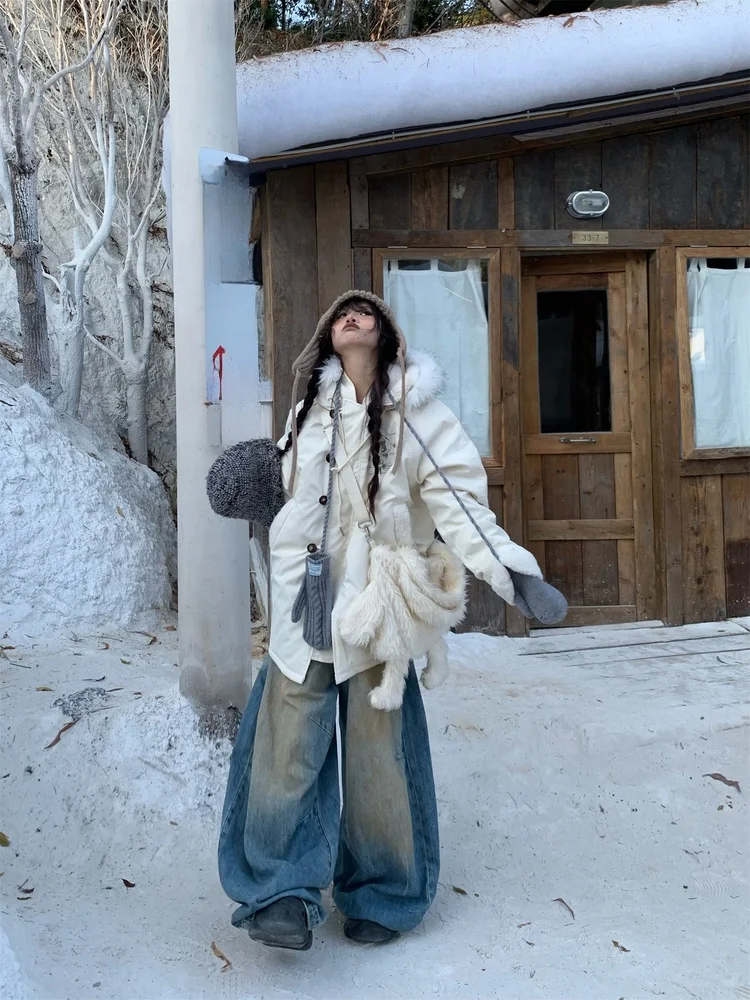 

Thiened Retro American Sle Women's Cotton Jaet Coat with Fur Collar Medium Length Trendy Commute Sle Long Sve Zipper