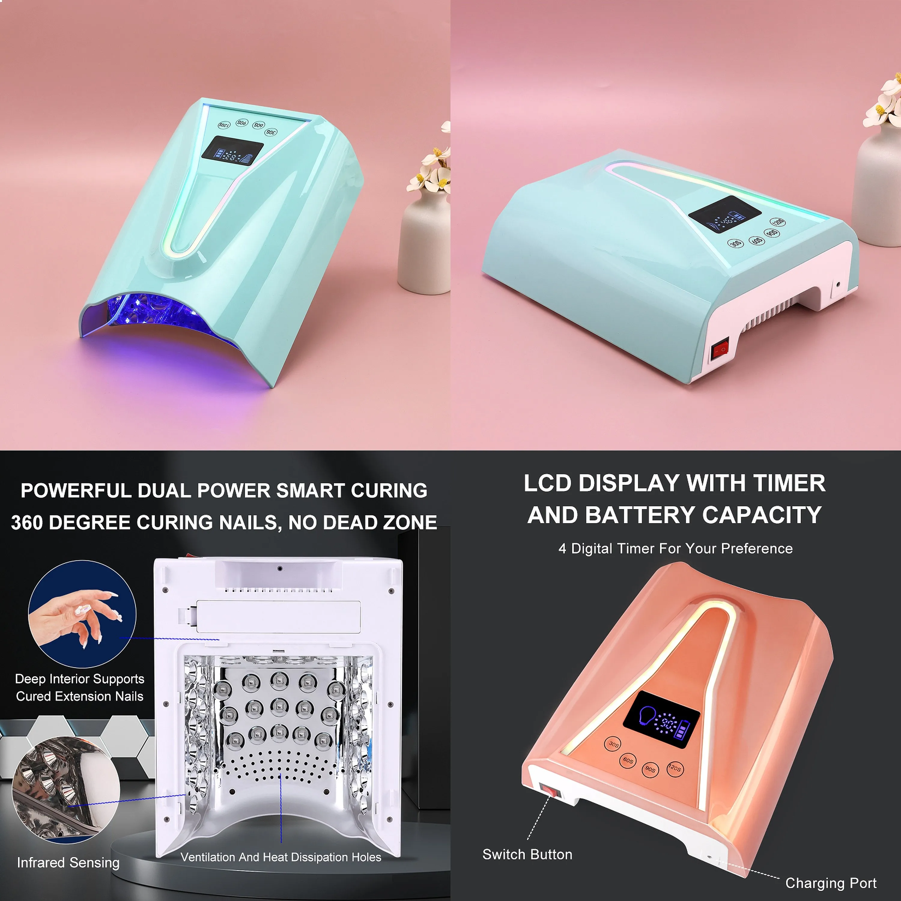 Strong Power 128W UV Nail Lamp Fast Curing Cordless Rechargeable LED Gel Dryer with Large Battery Capacity
