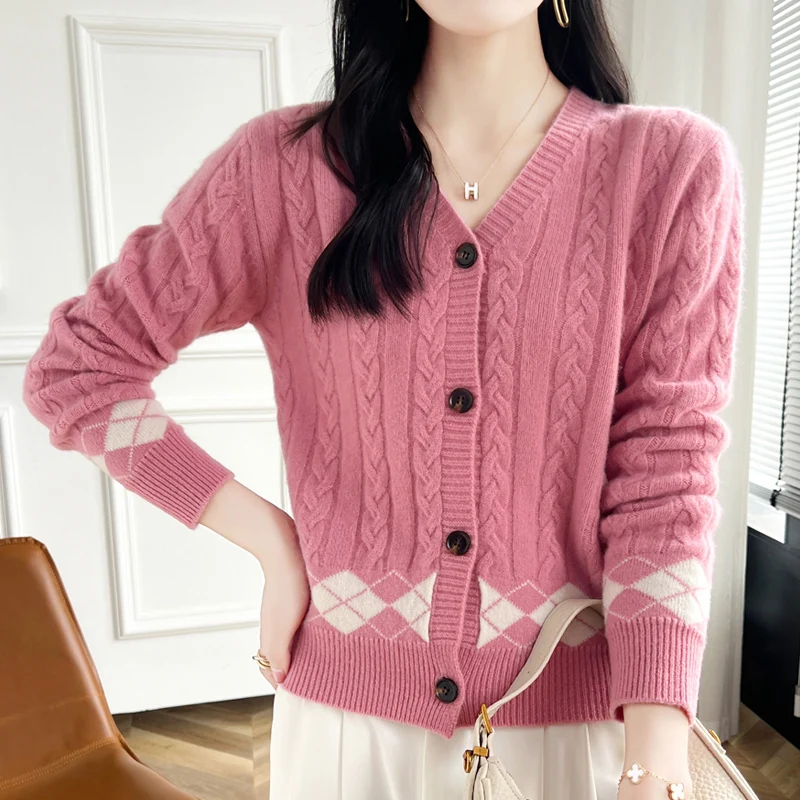 100% Wool Cashmere Cardigan Sweater Women\'s Autumn/Winter V-Neck Knit Long Sleeve Casual Loose Clothing Korean Fashion Pullover