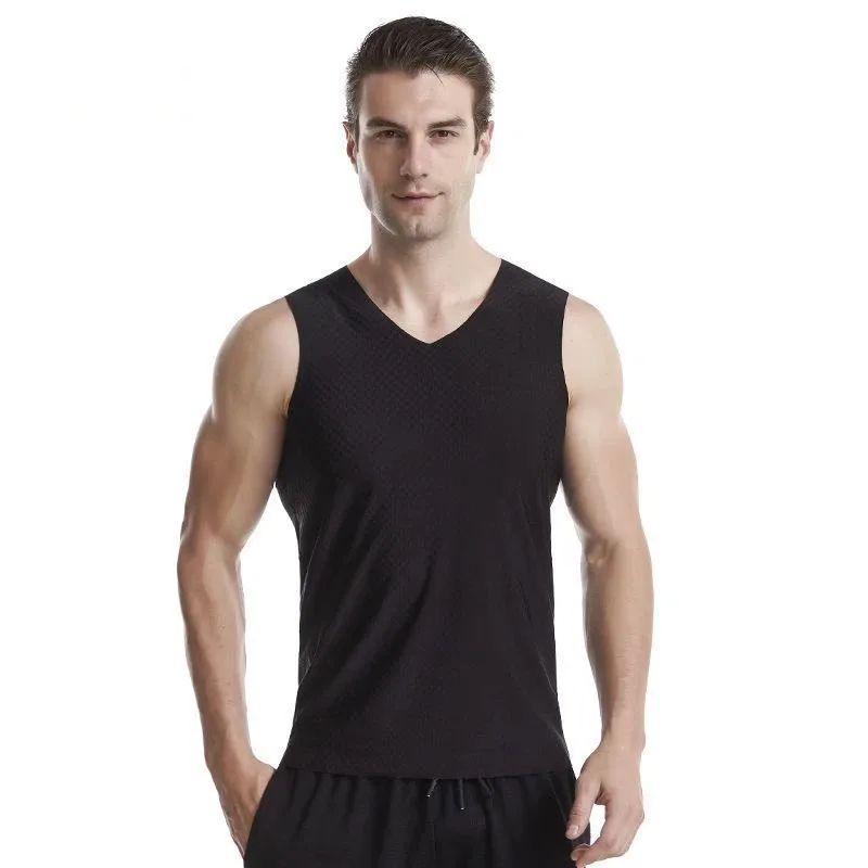 Men's Ice Silk Seamless Tank Top V-Neck Sleeveless Wide Strap Breathable Thin Sports Base Layer Casual Top