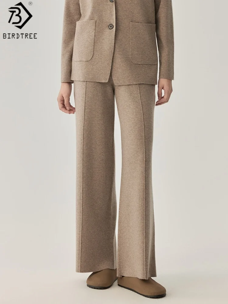 Birdtree, 100% Sheep Wool Straight Pants, Women's Solid Trousers, Elastic Waist, Commuting Style, 2026 Autumn New Pants P69319JF