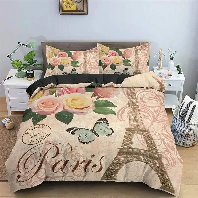 

Paris Eiffel Tower Twin King Duvet Cover Romantic Theme Sweet Couple Bedding Set Microfiber Flower Comforter Cover For Girl Teen