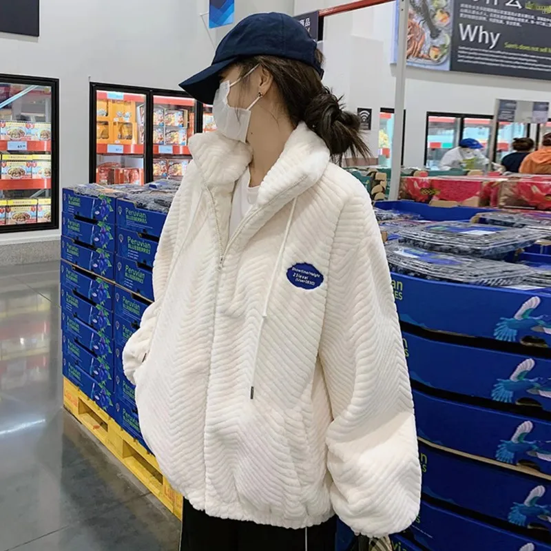 ラムファージャケット レディース 秋冬 サーマル プルオーバー フード付きスウェットシャツ ゆったり冬用コート スタンドカラー ジップアップ ロング丈