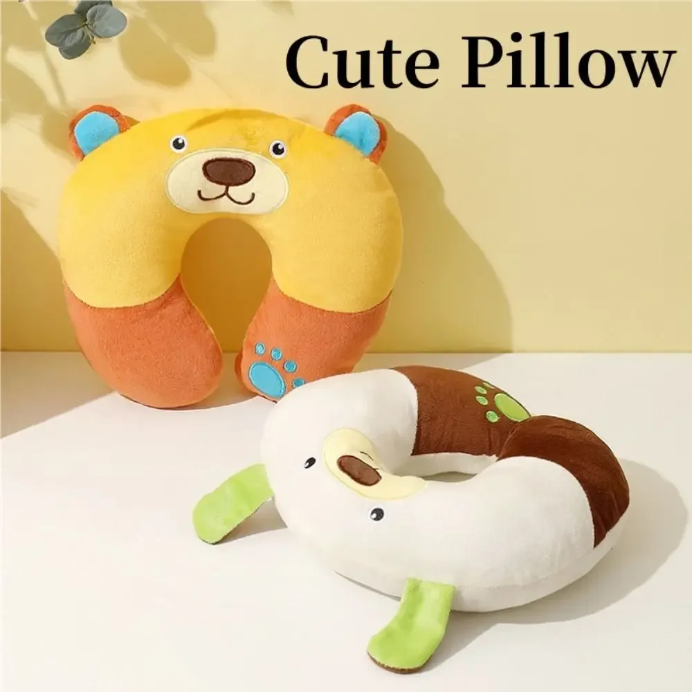 Portable PP Cotton Plush U-shaped Pillow Cartoon Soft Flight Neck Pillow Blue Grey Yellow Short Plush Unisex