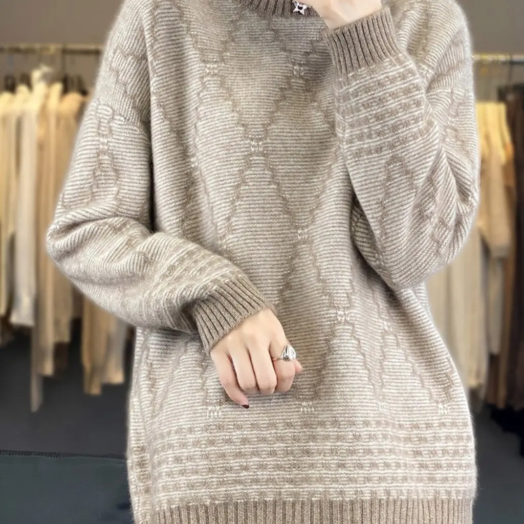 

Women's Elegant Diamond Color Matching Cardigan round Neck Pullover Knitted Sweater All-match Autumn Winter New