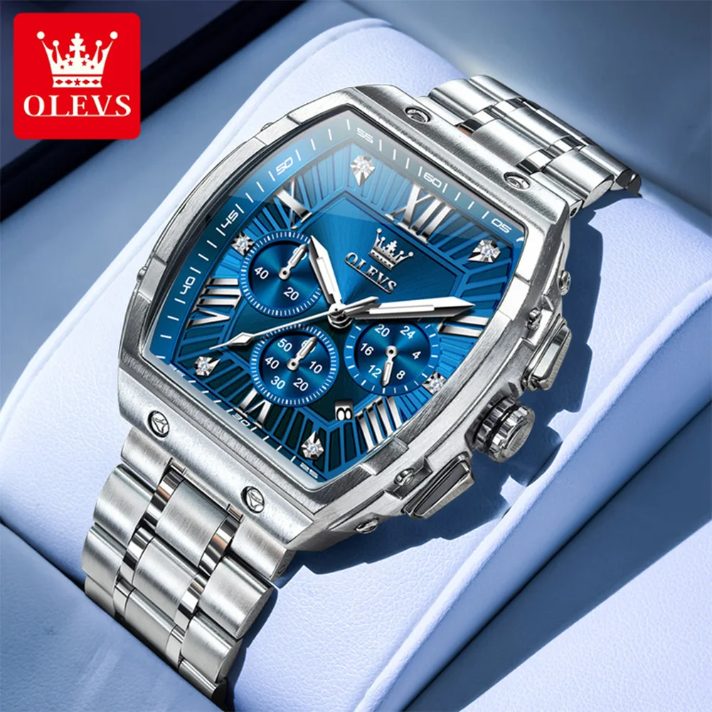 OLEVS New Design Tonneau Watch Men Luminous Waterproof Date Stainless Steel Chronograph Quartz Watches for Men Relogio Masculino