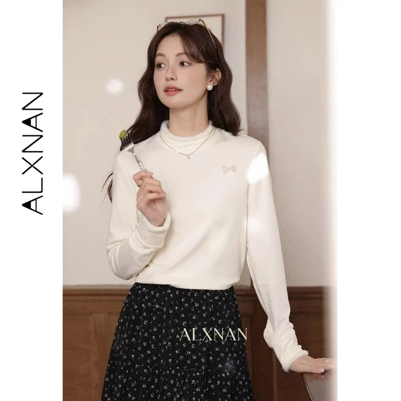 

ALXNAN Абрикосовая футболка с воротником-стойкой, базовая минималистичная футболка с длинными рукавами и бантом из бисера, осенне-зимние многослойные женские топы L59123