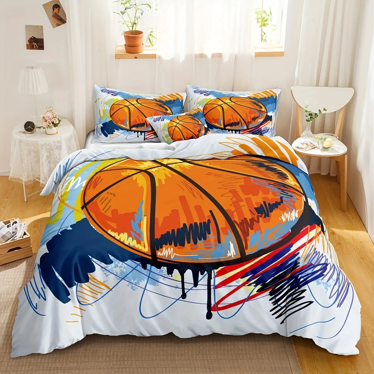 Polyester Duvet Cover Set Comic Basketball Print Bedding Set Soft Comfortable Duvet Cover For Bedroom Guest Room Pillowcase