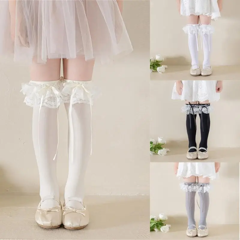 

R66D Pack of 1 Pair Girls Ribbon Trimmed Knee Length Socks for School Uniforms Wear