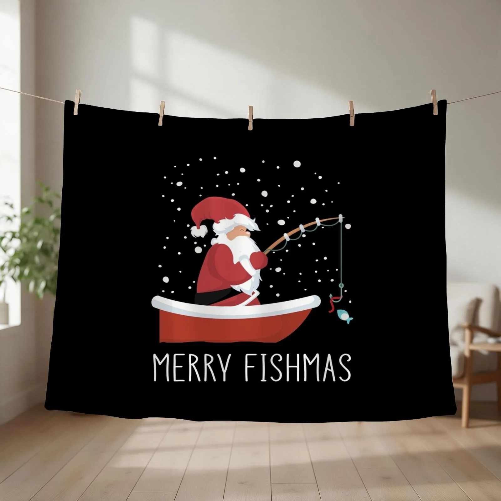 Merry Fishmas - Funny Santa Claus Fishing Throw Blanket Warm Furrys Single Plush Blankets