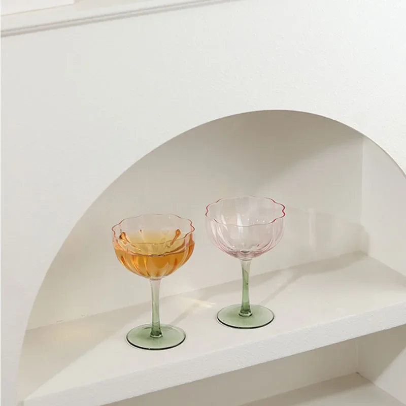 Set of 2 Flower Glass Colorful Cocktail, Rippled & Champagne Glasses, Prosecco, Martini, Mimosa, Cocktail Set, Bar Glassware