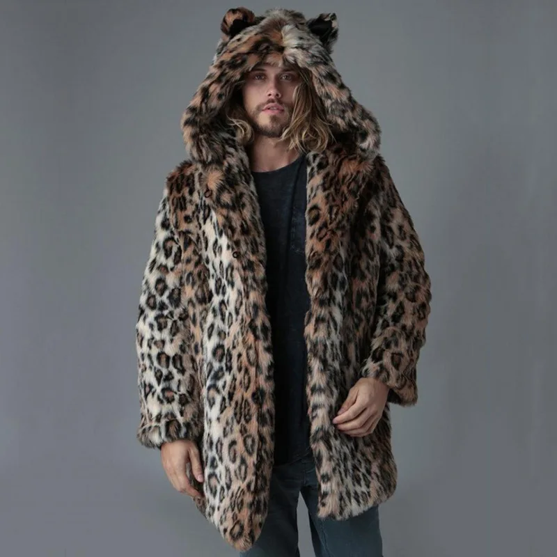 Men Faux Fur Jacket Winter Coat Thick Hooded Leopard Print Mid Length Warm Ears Overcoat Vintage Loose Casual 2025 Outerwear