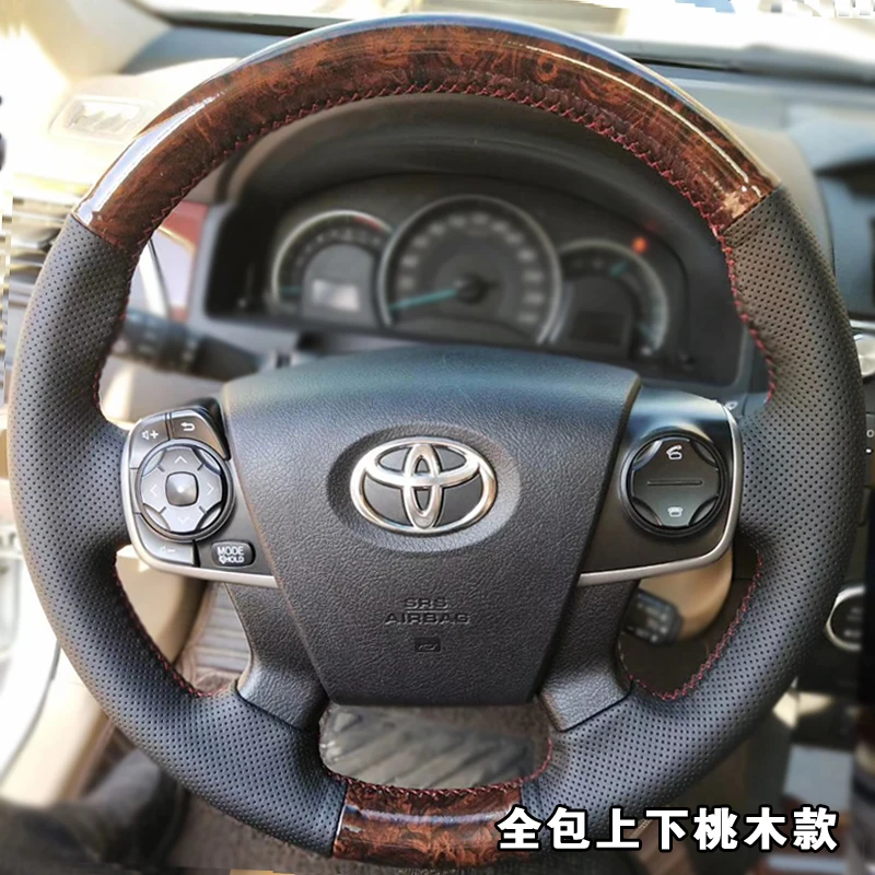 

for Toyota Camry 2012-2015 Hand-stitched Black genuine Leather peach wood grain Steering Wheel Cover non-slip car accsesories