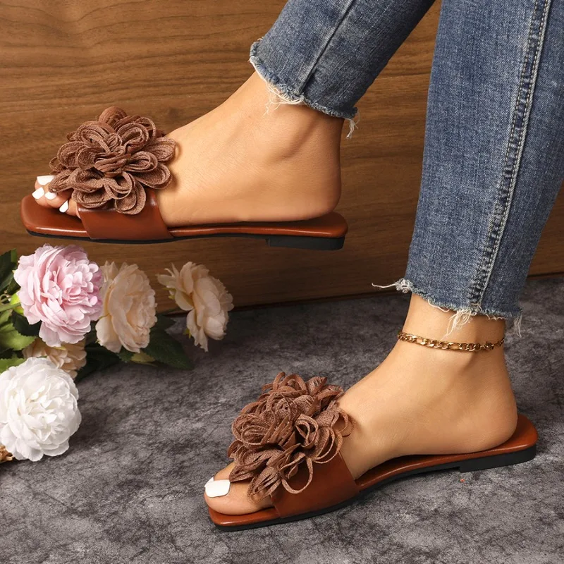 2026 New Womens Square Toe Casual Walking Slippers Fashionable Floral Women Sandals Classic Solid Color Open Toe Flat Flip-Flops