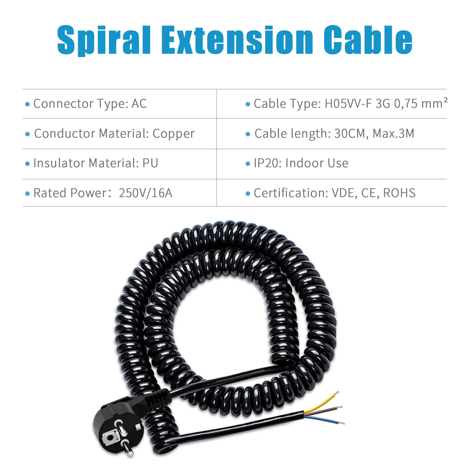 2/3/5/7/10/15/20m EU Plug Replaceable Spring Extension Cable Ground Contact Male Plug End 6cm Extension Cable Black White