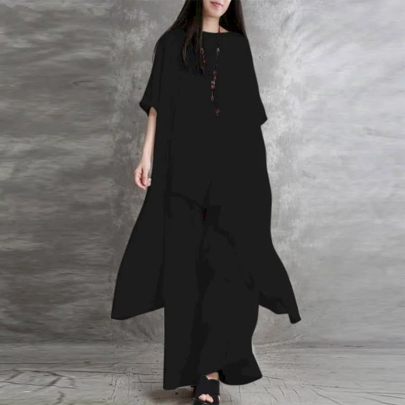 

Literary Pants Sets Vintage Half Sleeve O-neck Irregular T-shirts Straight Pants Autumn Korean Style Two Piece Set Women Outfits