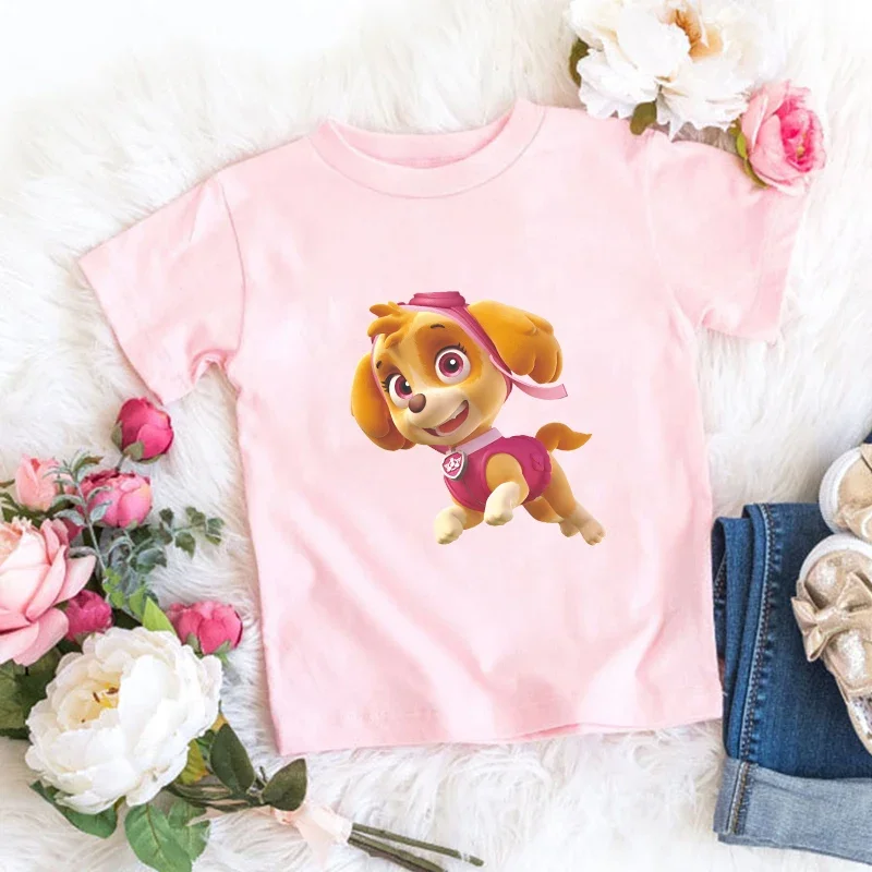 Paw Patrols Girl T Shirt Pink Cartoon Skye Short Sleeve Tops Summer Kids Korean Clothes Baby Casual Tees Cute Birthdays Gifts