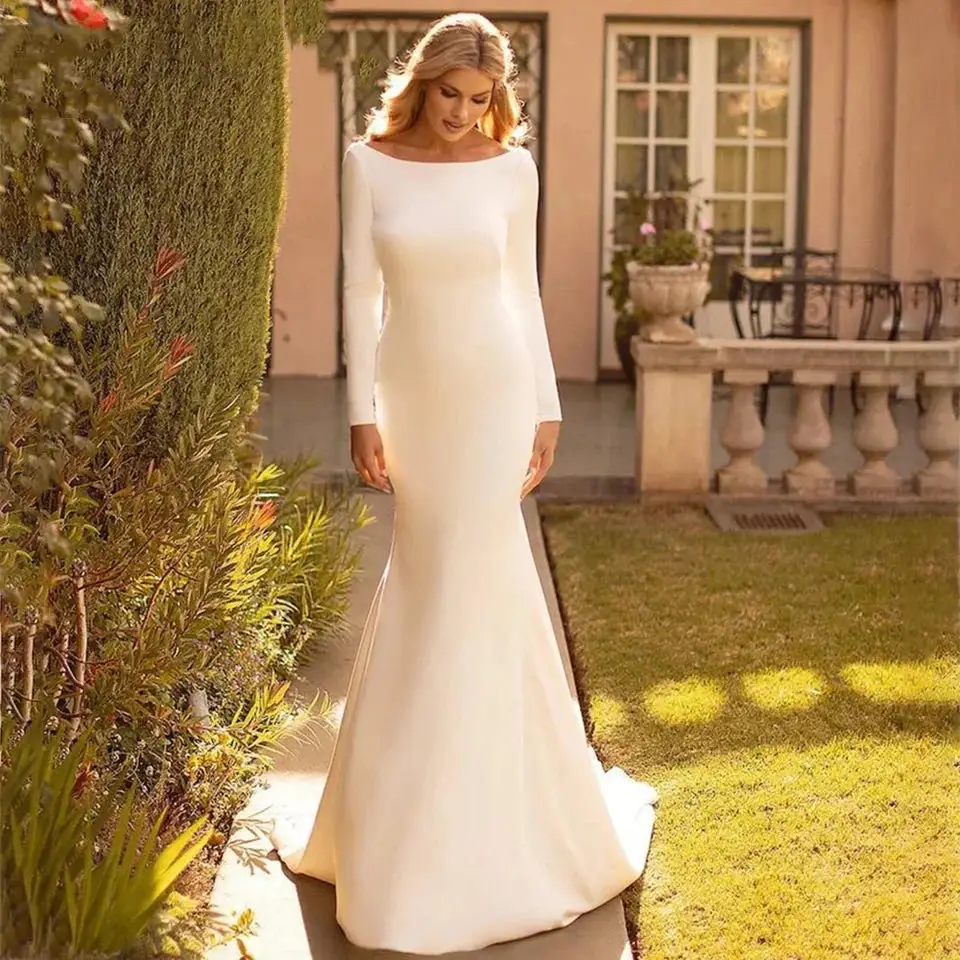 Customized Mermaid Wedding Dresse Satin Cowl Back O-Neck Bridal Gown Simple White Long Sleeves Vestido de Novia 2024 Sweep Train
