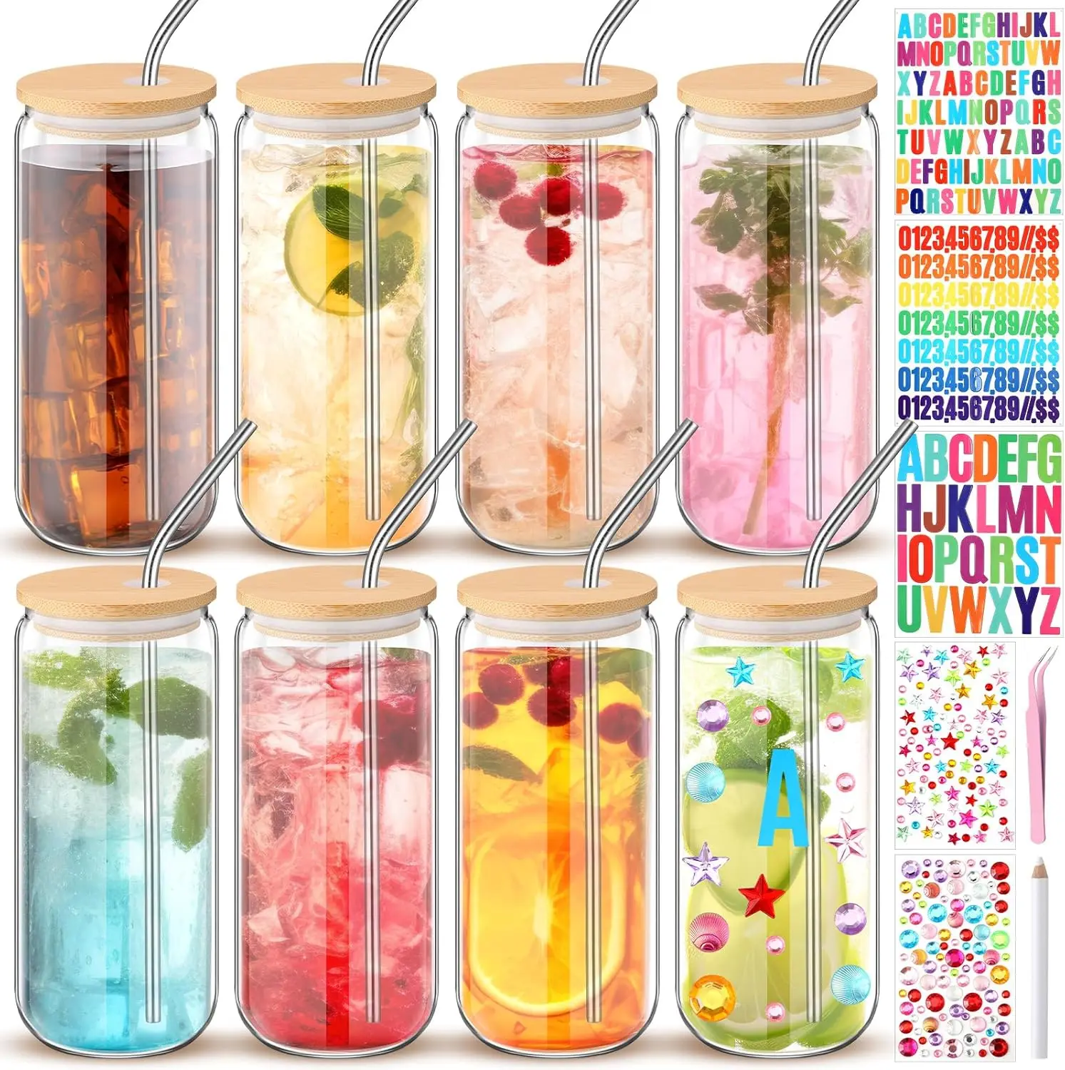 

Набор из 8 акриловых стаканов-банок (20 унций) с крышками, трубочками и наклейками для декора, для напитков