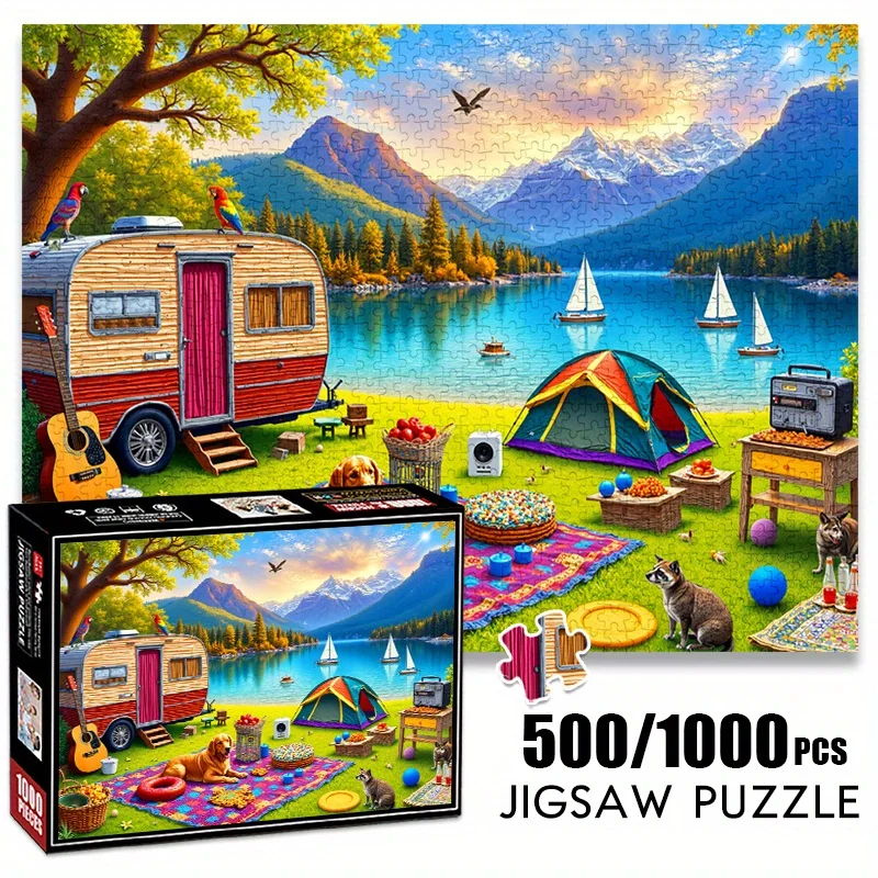 

Большая головоломка 500/1000 шт. — Кемпинг «Черное озеро» с фургоном-кемпером, палатками, фургоном, домашними животными и пейзажем округа озера — Challe