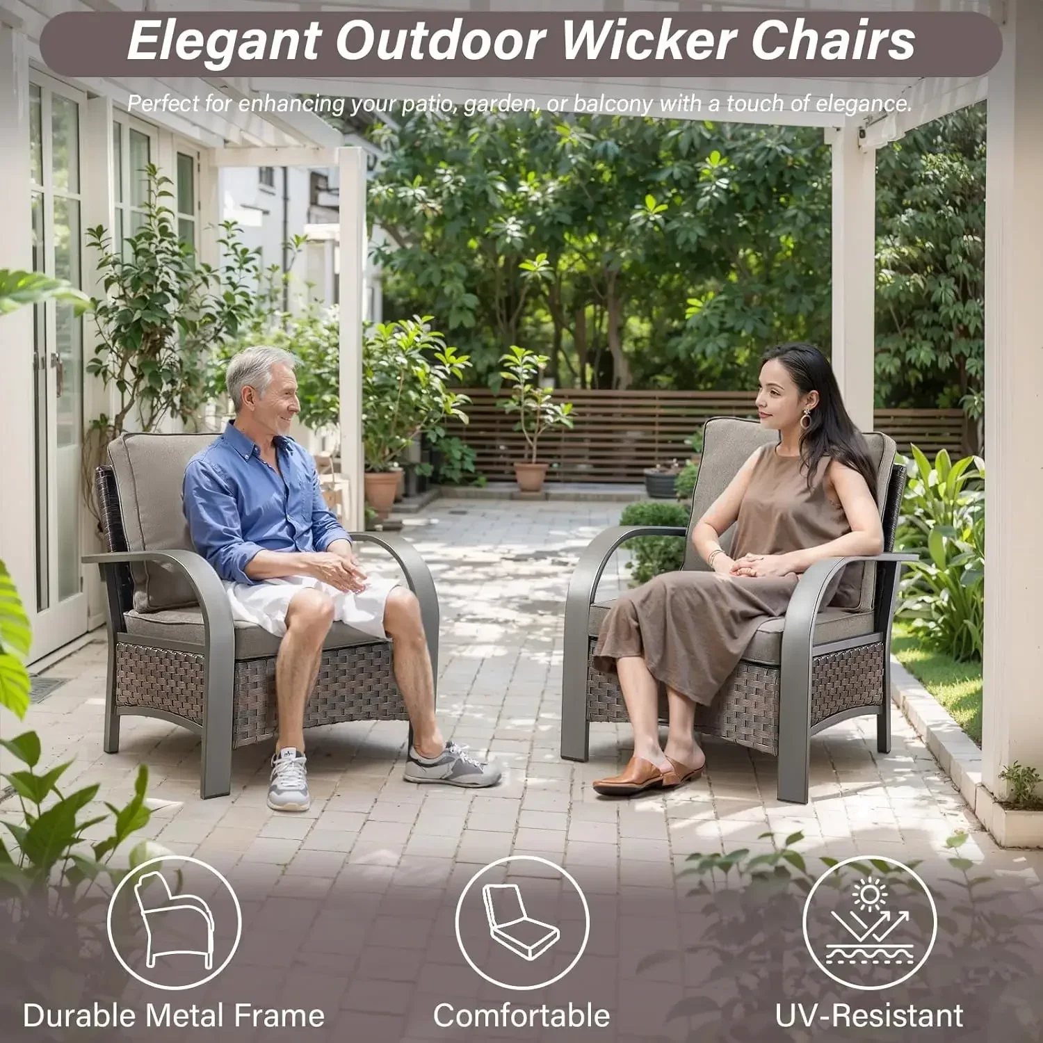 Oversize Wicker Patio Chairs Set of Two Three Hundred Pound Weight Capacity Outdoor Seating with High Backrest Metal Curved Armr