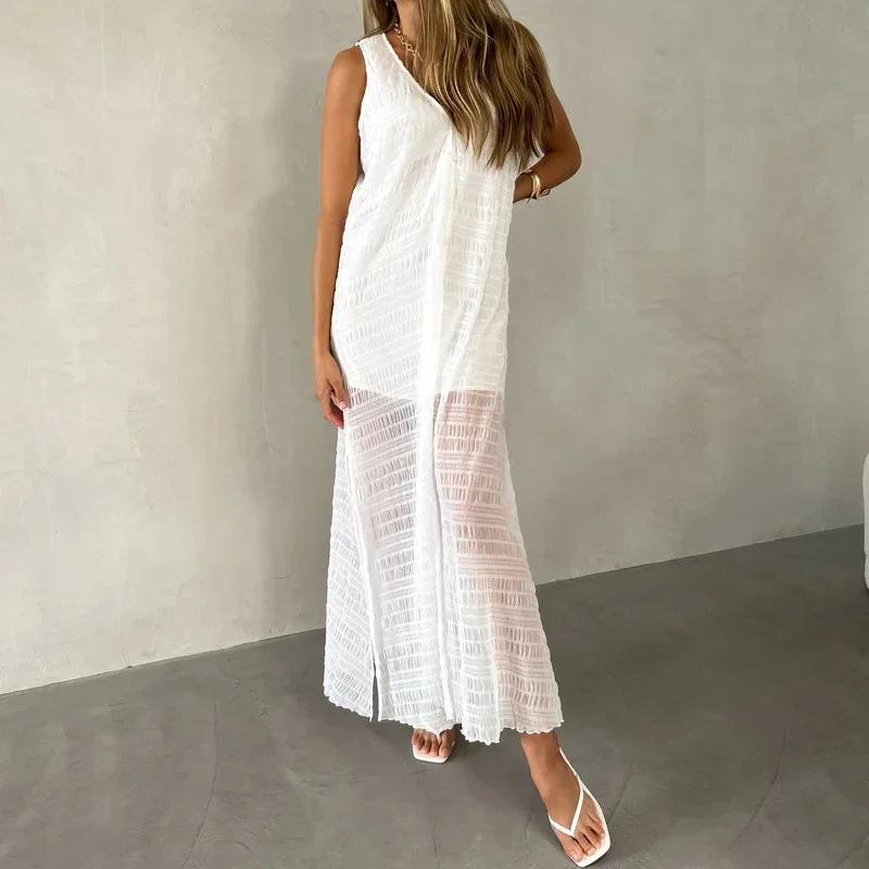 Libeliy 2025 sexy profundo decote em v divisão solta tanque vestido moda altura cintura pulôver vestido de festa feminino elegante retalhos sólido l