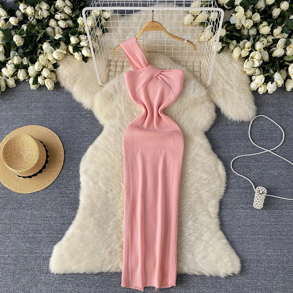 YuooMuoo Chic mode Sexy Wrap hanches une épaule robe tricotée femmes élégant noeud mince élastique moulante robe de soirée dame Vestid