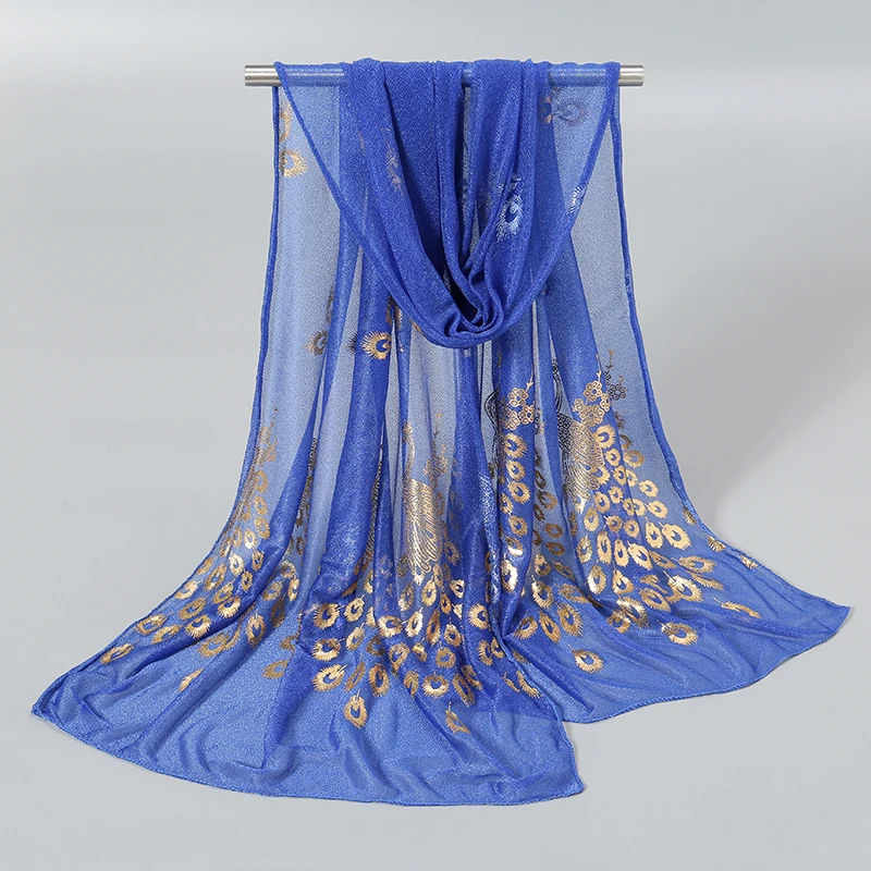 Écharpe Hijab imprimé paon pour femme, châle à paillettes dorées, long châle élégant, écharpes fines pour la tête, 170x60cm