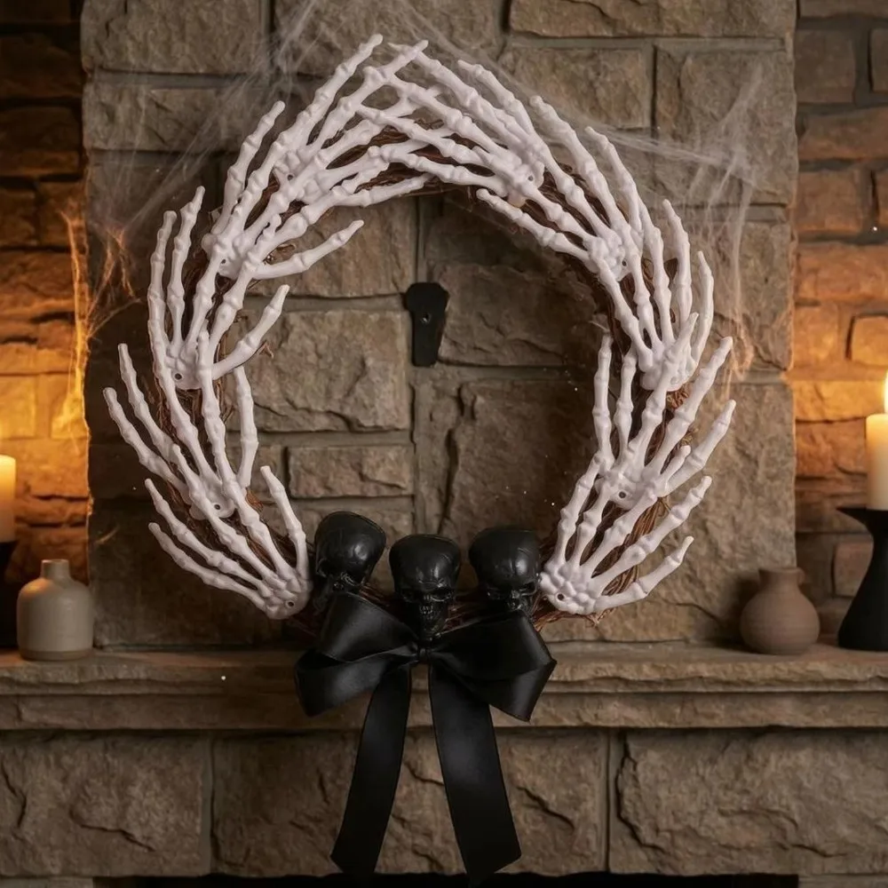 Dark Style Halloween Skeleton Hand Wreath White Bones Black Ribbon Halloween Artificial Wreath Black Bow Black Branch Wreaths