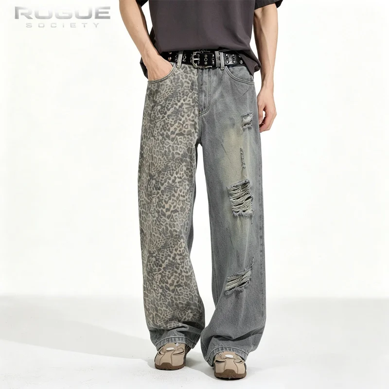 New Leopard Print Distressed Jeans Men Women Y2k Patchwork Washed Denim Pants Streetwear Baggy Grunge Trousers Harajuku Hip Hop
