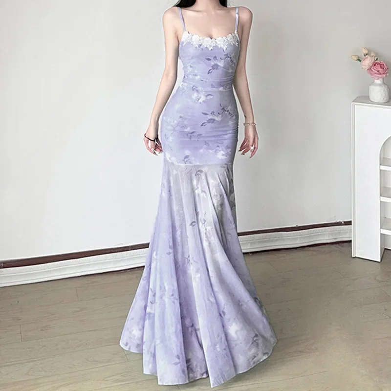 Französisches Kleid für Damen, elegantes, frisches Blumendruckkleid mit U-Ausschnitt, hoher Taille, A-Linie, Netz-Patchwork-Kleid mit Fischschwanzrock im Feenstil