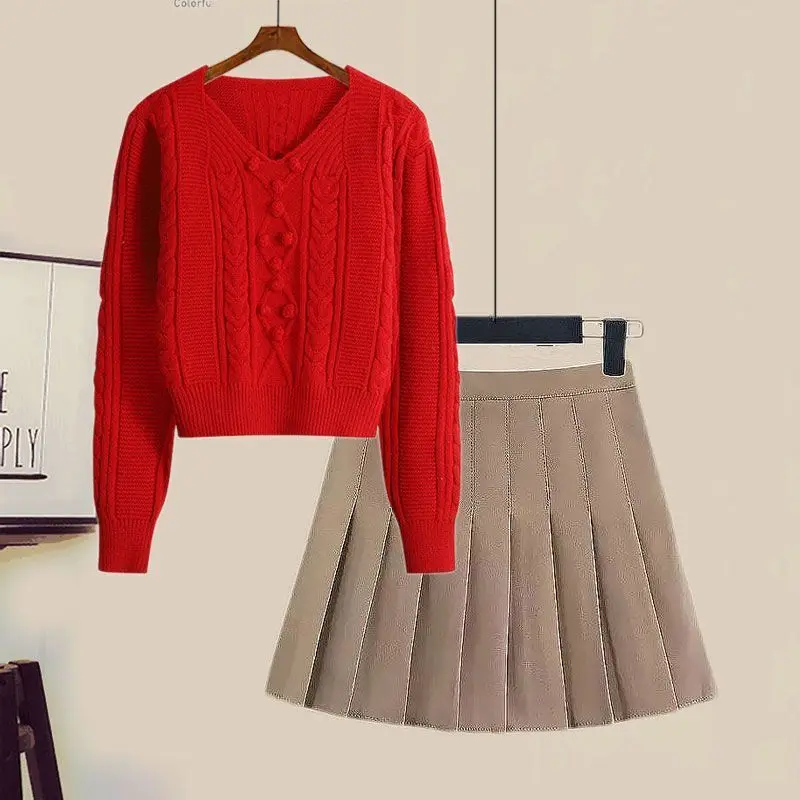 Spring Autumn Outfits Women's 2023 New Korean Fashion Versatile V-Neck Knitted Sweater Pleated Half Skirt Two Piece Set