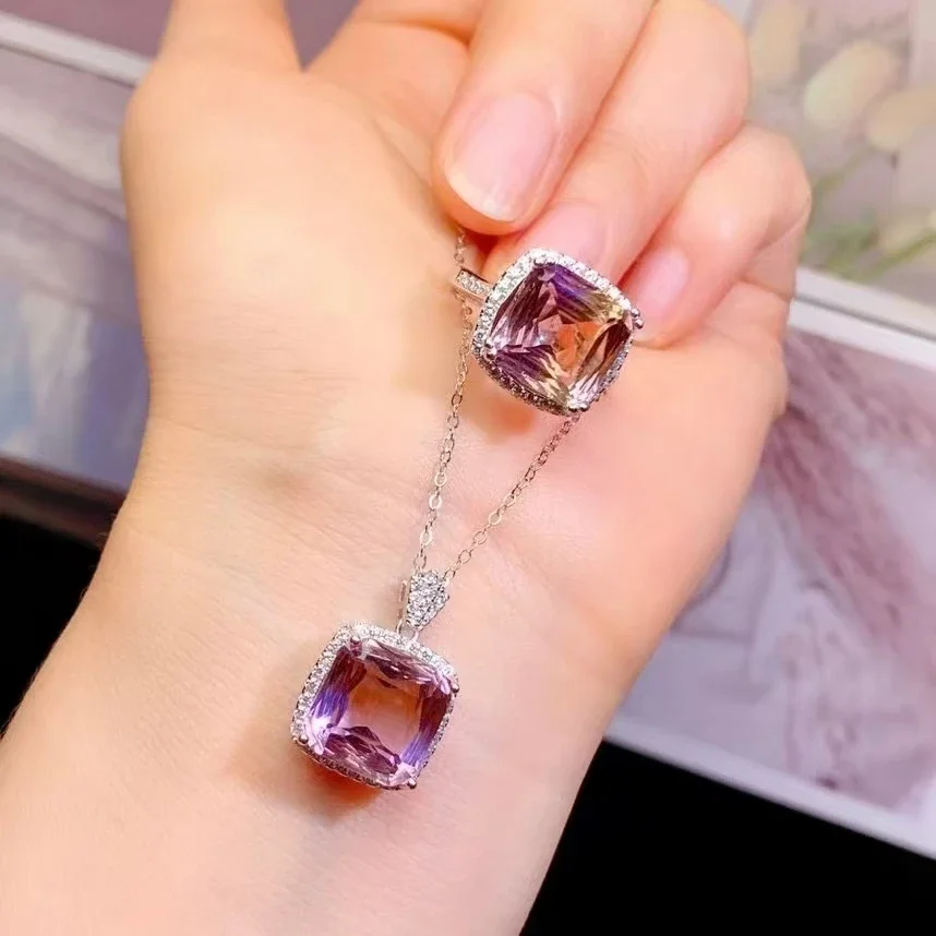 

Natural Ametrine Jewelry Fashion Ametrine Silver Ring and Pendant Set for Party 11mm*11mm Set 925 Silver Ametrine Jewelry