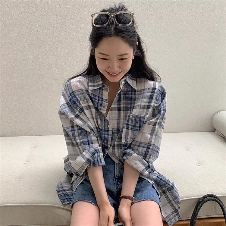 Blue Plaid Loose Women's Shirt Korean Style Sun Protection Outerwear Casual Fashion Design Summer Top Polyester Fiber