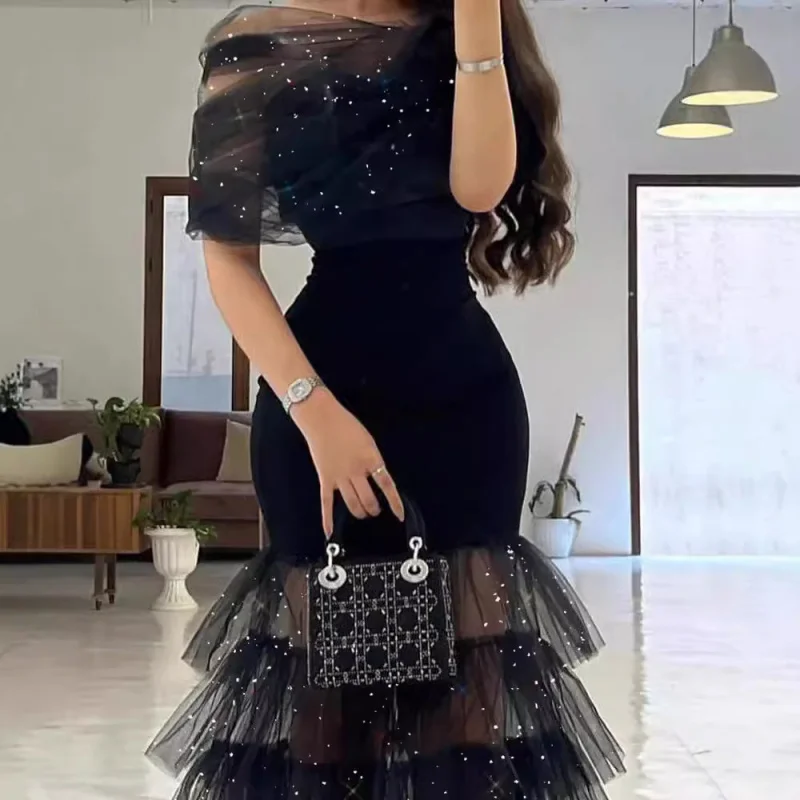 New Package Mid-Rise Abdomen-Control Black Artistic Mesh Sequins Temperament Commute Maxi Dress