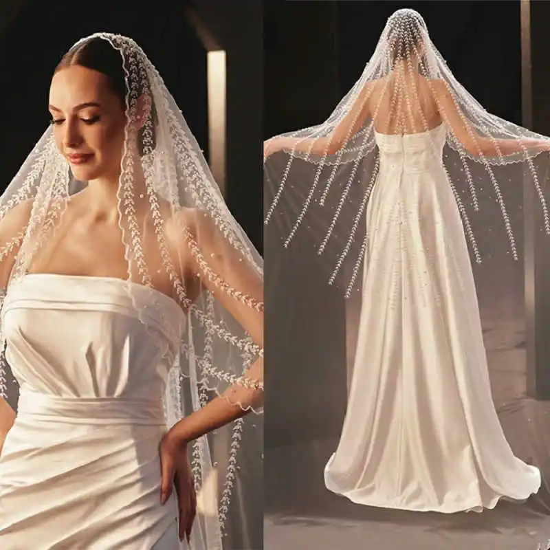

Gorgeous Appliques Bridal Veils One Layer Soft Tulle Cathedral Length Beaded Wedding Veils Customized Bridal Accessories