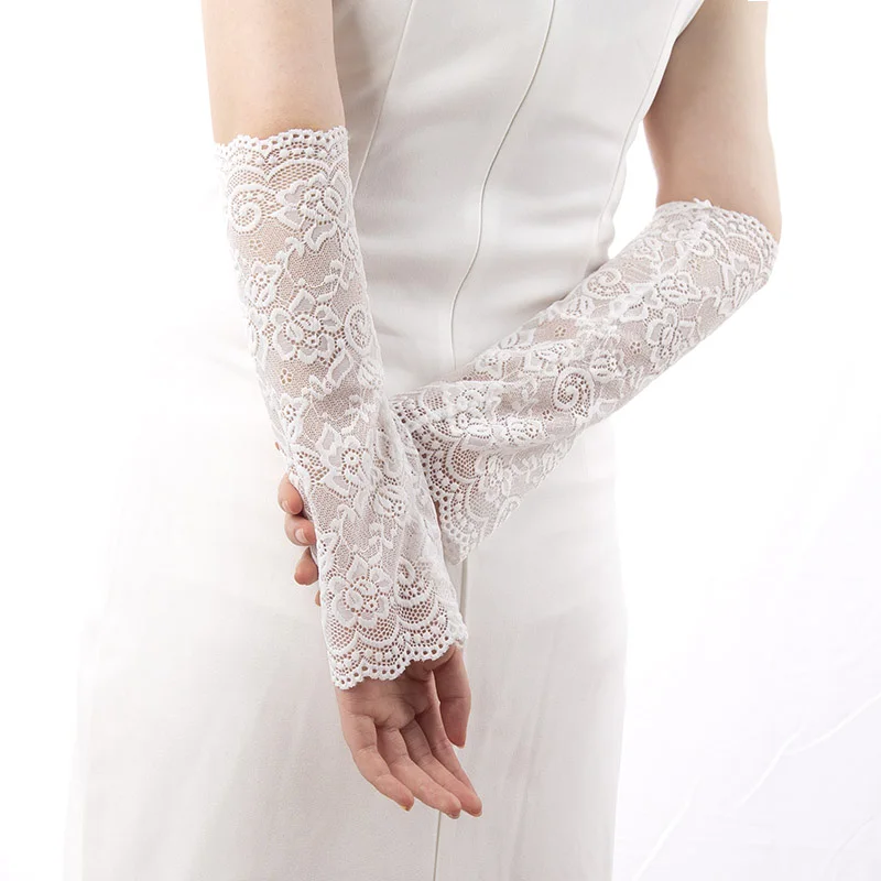 Summer Women Breathable Lace Fake Arm Sleeves Elastic Long Fingerless Driving Mittens Black White Beige Gloves