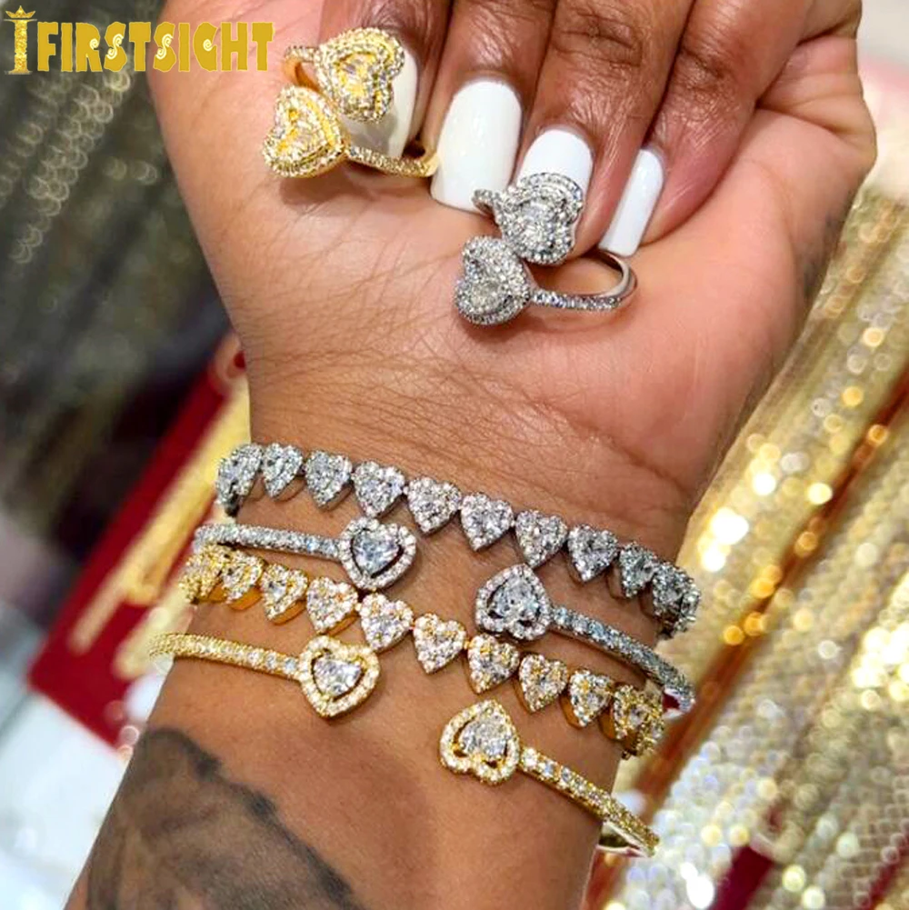 Nowa bransoletka Iced Out Bling otwarte serce Charm bransoletka złoty kolor srebrny AAA CZ bransoletka w kształcie serca dla kobiet luksusowa biżuteria
