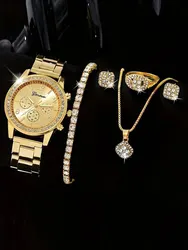 6 Pieces of Fashionable and Versatile Diamond Inlaid Rhinestone WOMEN'S Gold Quartz Steel Band Watch+necklace+earrings+ring+brac