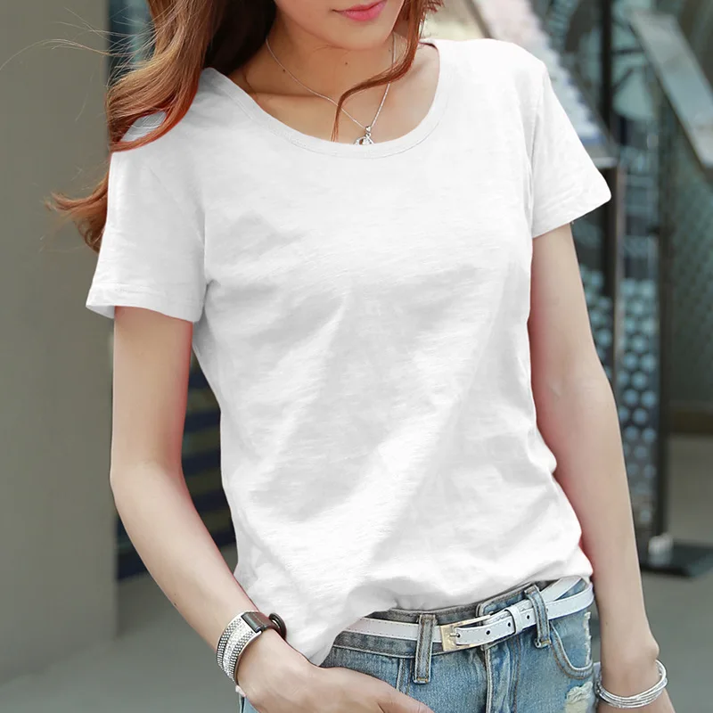 T-shirt Short Sleeved Summer New Pure Cotton Loose Shoulder Lotus Pink Top Solid Color T-shirt