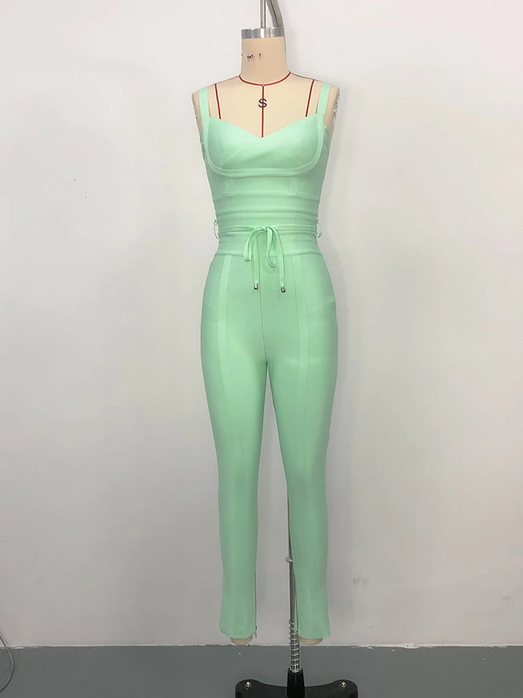 VC Mint Green Bandage Jumpsuit Sleeveless Sweetheart Neck Bodycon One Piece Romper High Waist Waist Slim Fit Stretch Long Pants view 4
