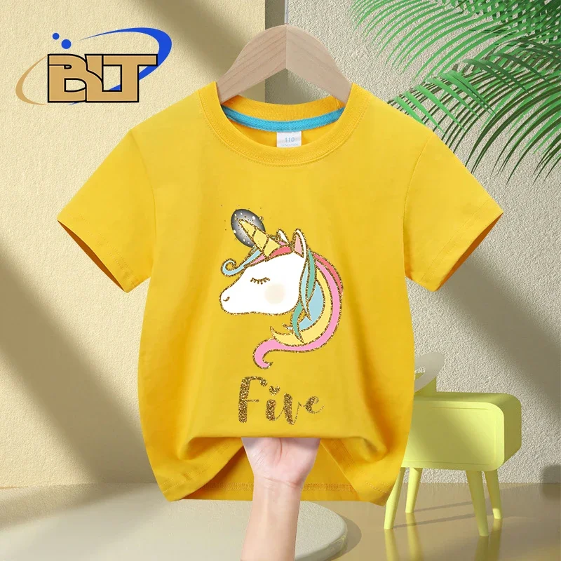 Unicórnio t-shirt para meninas, algodão, manga curta, casual, presente de aniversário, 5 ° aniversário, verão