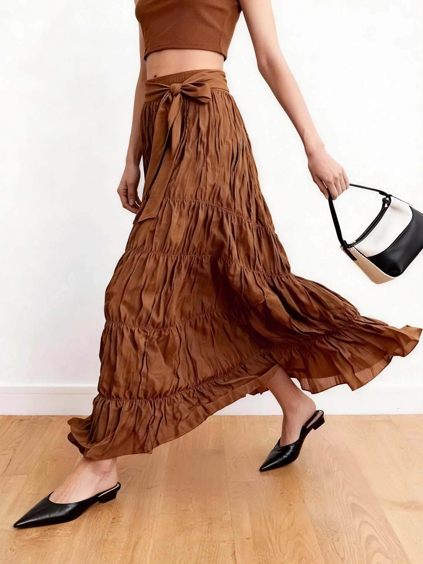 

Юбка женская плиссированная с завышенной талией, цвет кофе, весна 2026, новая коллекция, стройнящая, А-силуэт, с эффектом утяжки на талии