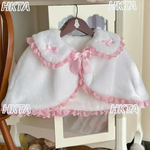 귀여운 로리타 숏 자켓 여성용 스윗 큐트 만화 가을 신상 인형 칼라 레이스 리본 핑크 울 케이프 코트