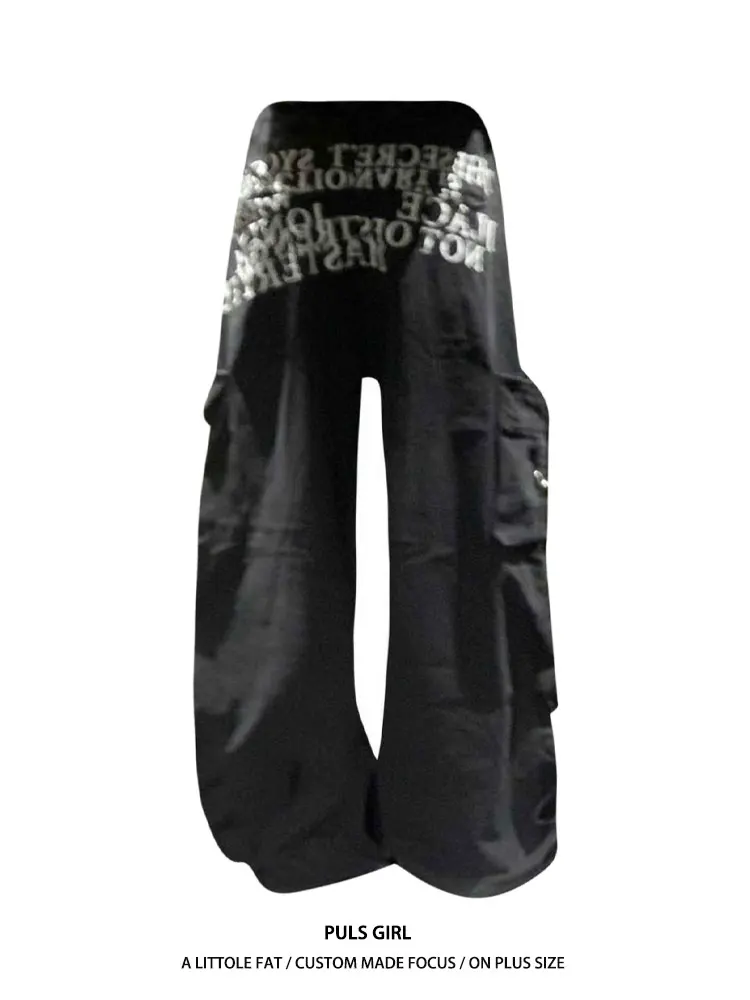 

Large Size American Retro Letter Print Side Pocket Denim Jeans Women's Loose Drapey Wide Leg Pants High Waist Casual Wear