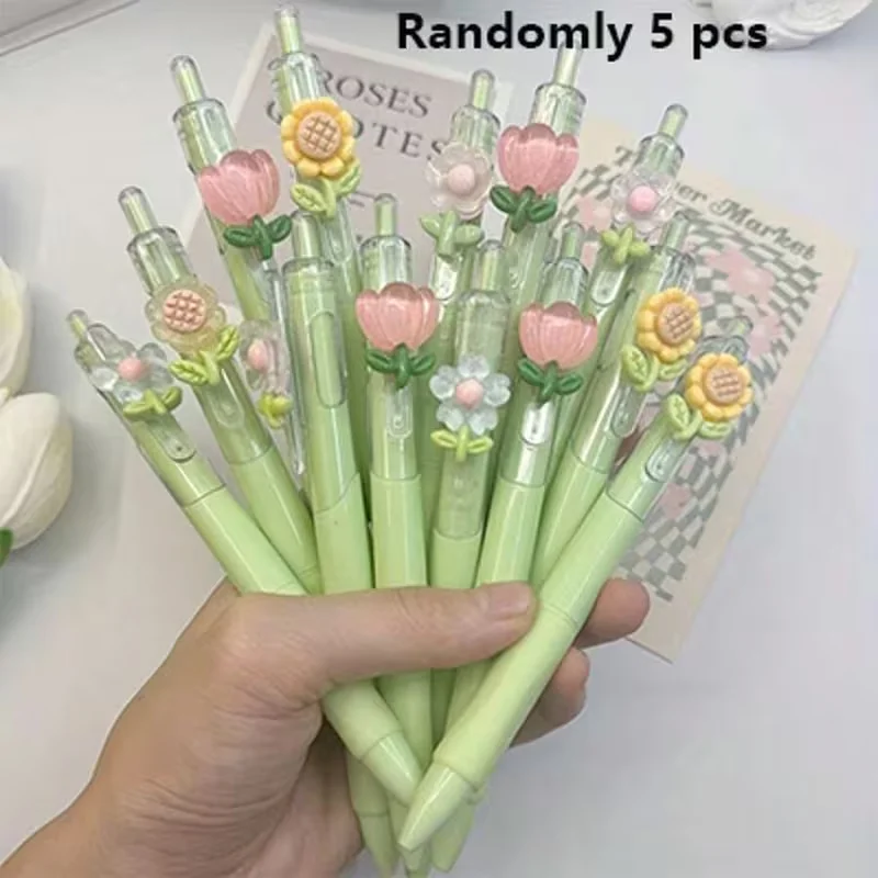 5-Pack Retractable Ballpoint Pens, Randomly Equipped with Floral Tips, Smooth-Writing Neutral Pens, Suitable for Students (Black