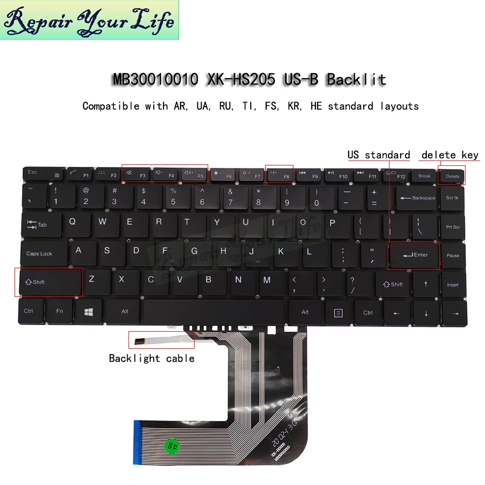 United States US Laptop Backlit Keyboard for BMAX Y13 MaxBook Y13 13.3 MB30010010 XK-HS205 USA Keyboards Light Silver Gray Black