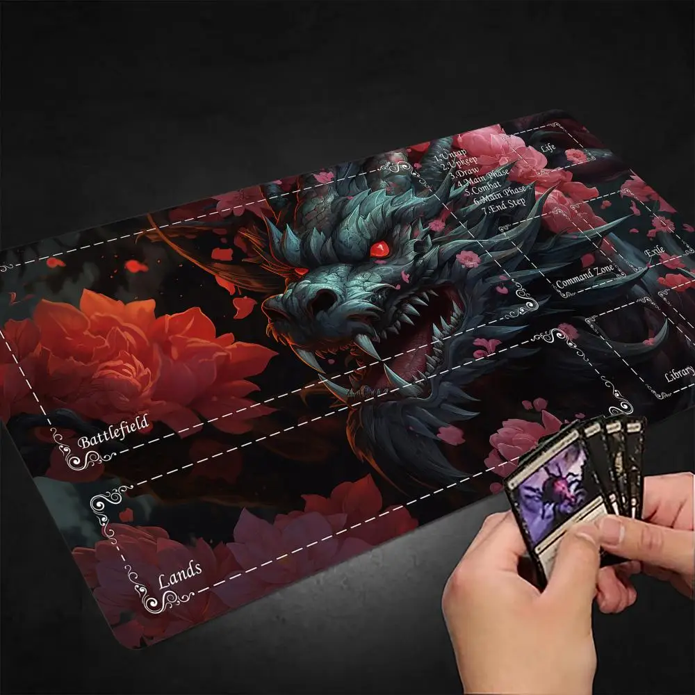 

Игровой коврик MTG с изображением элегантных цветов и дракона, с прошитыми краями, нескользящий, прочный, для настольных игр и TCG