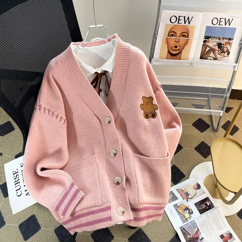 

Korean Fashion Cute Bear Embroidery Oversize Knitted Sweater Autumn Winter Single-breasted Loose Sweater Coats Preppy Style Tops