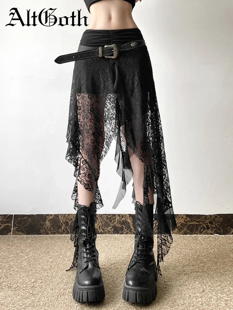 AltGoth Harajuku Gothic Mesh Skirt Women Streetwear Grunge Irregular Hem High Waist Skirt Emo Alternative Sexy See Through Skirt